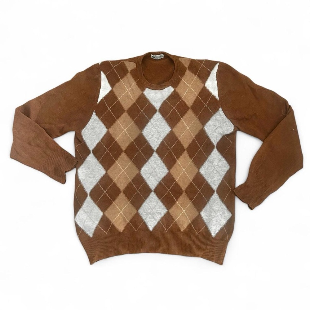 Italian luxurious high quality virgin wool brown & tan geometric knit sweater